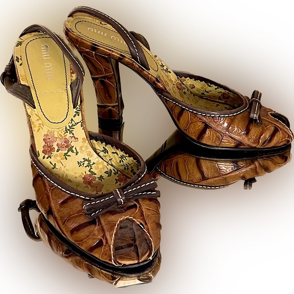 Miu Miu Shoes - Rare Miu Miu Brown Croc Leather High Heeled Slingback Mules - 36.5